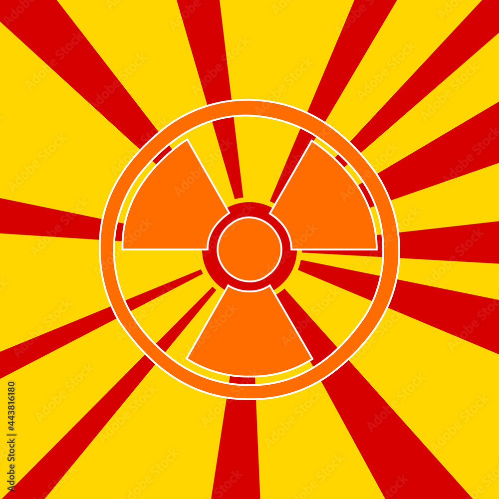 Radiation symbol on a background of red flash explosion radial lines. The large orange symbol is located in the center of the sun, symbolizing the sunrise. Vector illustration on yellow background Radiation symbol on a background of red flash explosion radial lines. The large orange symbol is located in the center of the sun, symbolizing the sunrise. Vector illustration on yellow background