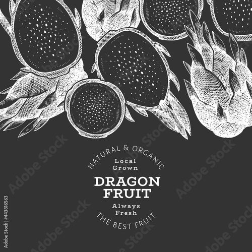 Hand drawn dragon fruit design template. Organic fresh food vector illustration on chalk board. Retro pitaya fruit banner.