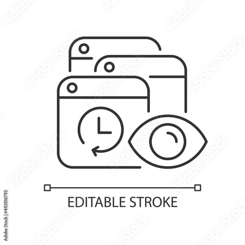Tracking search history linear icon. Private browsing activity trailing. Privacy precautions. Thin line customizable illustration. Contour symbol. Vector isolated outline drawing. Editable stroke photo
