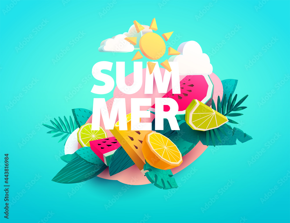 Summer poster design. Inscription with citrus fruits and tropical leaves.