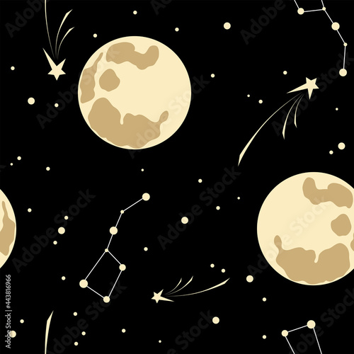 Moon, star, constellation Ursa Major, meteors on black sky background. Space seamless pattern.