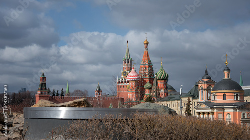 Scenic panorama of Zaryadye Park overlooking St Basil's Cathedral and Moscow Kremlin, Russia. View of Moscow landmarks at spring. Nice scenery of the Moscow central park.