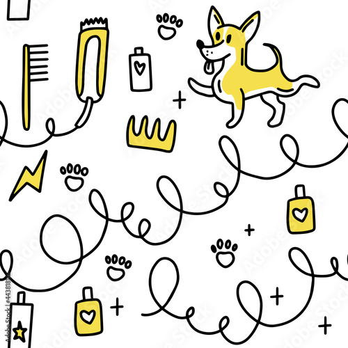 Dog grooming pattern. Dog grooming. Groomer. Grooming tools. Doodle pattern. For backgrounds, packaging, textile and various other designs.