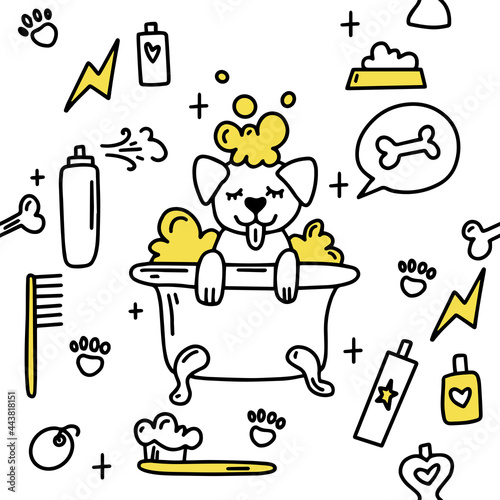 Dog grooming pattern. Dog grooming. Groomer. Grooming tools. Doodle pattern. For backgrounds, packaging, textile and various other designs.