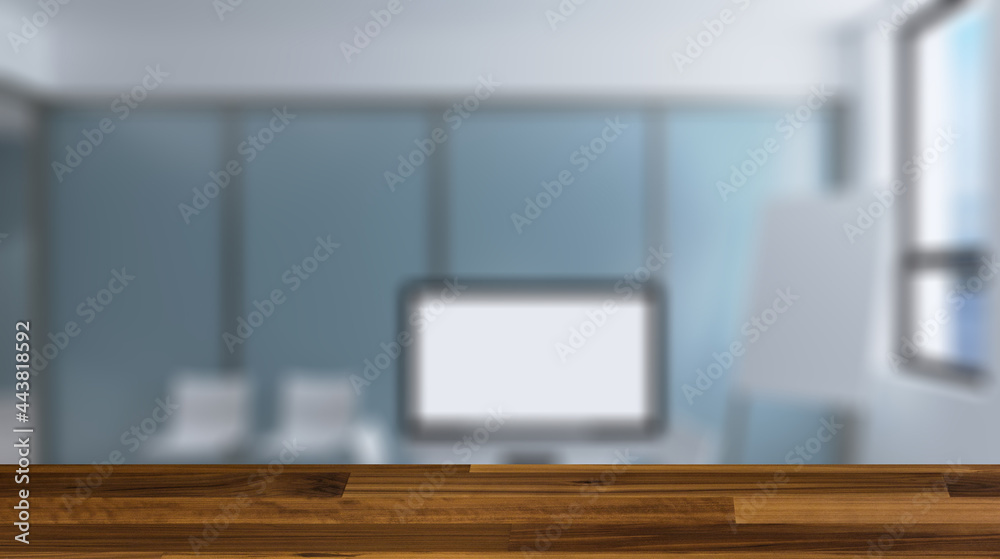 Background with empty table. Flooring. Open space office interior with like conference room. Mockup. 3D Background with empty table. Flooring. Open space office interior with like conference room. Mockup. 3D