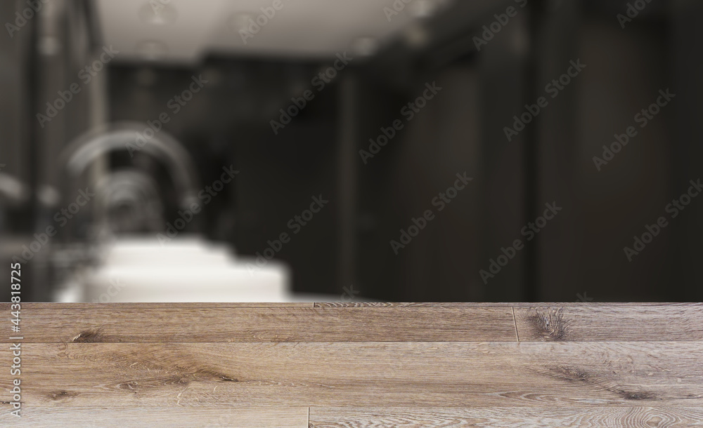 Background with empty wooden table. Flooring. Contemporary interior of public toilet. 3D rendering. Background with empty wooden table. Flooring. Contemporary interior of public toilet. 3D rendering.