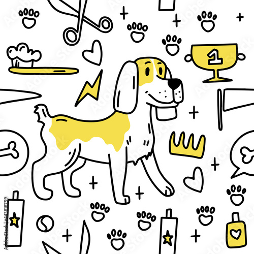 Dog grooming pattern. Dog grooming. Groomer. Grooming tools. Doodle pattern. For backgrounds, packaging, textile and various other designs.