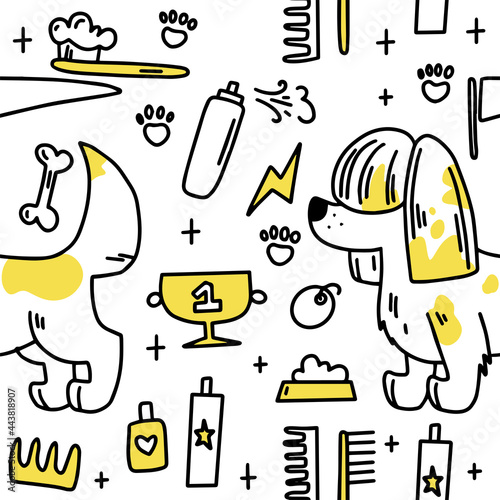 Dog grooming pattern. Dog grooming. Groomer. Grooming tools. Doodle pattern. For backgrounds, packaging, textile and various other designs.