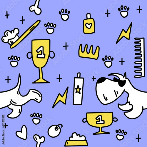 Dog grooming pattern. Dog grooming. Groomer. Grooming tools. Doodle pattern. For backgrounds, packaging, textile and various other designs.