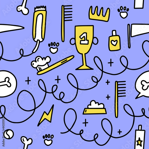 Dog grooming pattern. Dog grooming. Groomer. Grooming tools. Doodle pattern. For backgrounds, packaging, textile and various other designs.