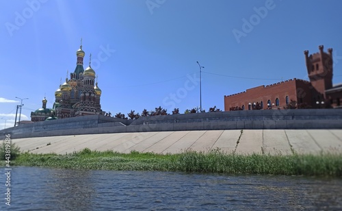 Beautiful view of the embankment in Russia in the city of Yoshkar-Ola. Traveling and exploring around the world.  Traveling around the countries and cities of the world and exploring the world around