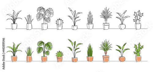 Set of continuous one line drawing of a flowers in a pots