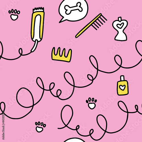 Dog grooming pattern. Dog grooming. Groomer. Grooming tools. Doodle pattern. For backgrounds, packaging, textile and various other designs.