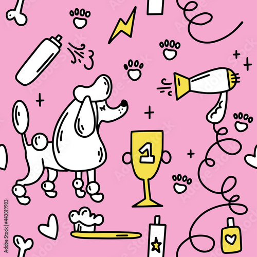 Dog grooming pattern. Dog grooming. Groomer. Grooming tools. Doodle pattern. For backgrounds, packaging, textile and various other designs.
