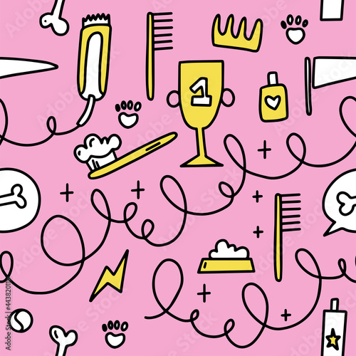Dog grooming pattern. Dog grooming. Groomer. Grooming tools. Doodle pattern. For backgrounds, packaging, textile and various other designs.