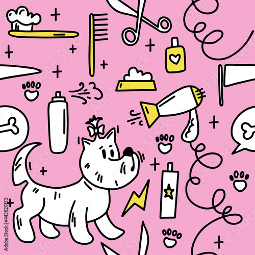 Dog grooming pattern. Dog grooming. Groomer. Grooming tools. Doodle pattern. For backgrounds, packaging, textile and various other designs.
