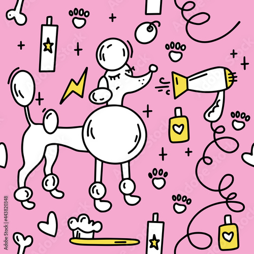Dog grooming pattern. Dog grooming. Groomer. Grooming tools. Doodle pattern. For backgrounds, packaging, textile and various other designs.