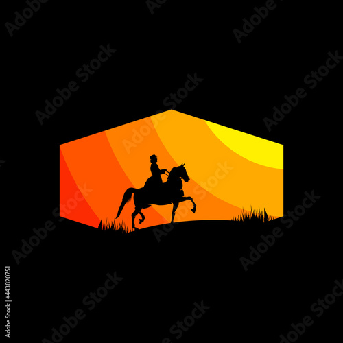 Black horse silhouette logo on sunset background