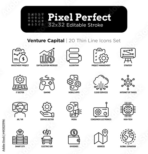 Venture capital thin line icons set. Investment project, capitalization increase, strategy, dividends, global expansion, high tech, it sector. Pixel perfect, editable stroke. Vector illustration.