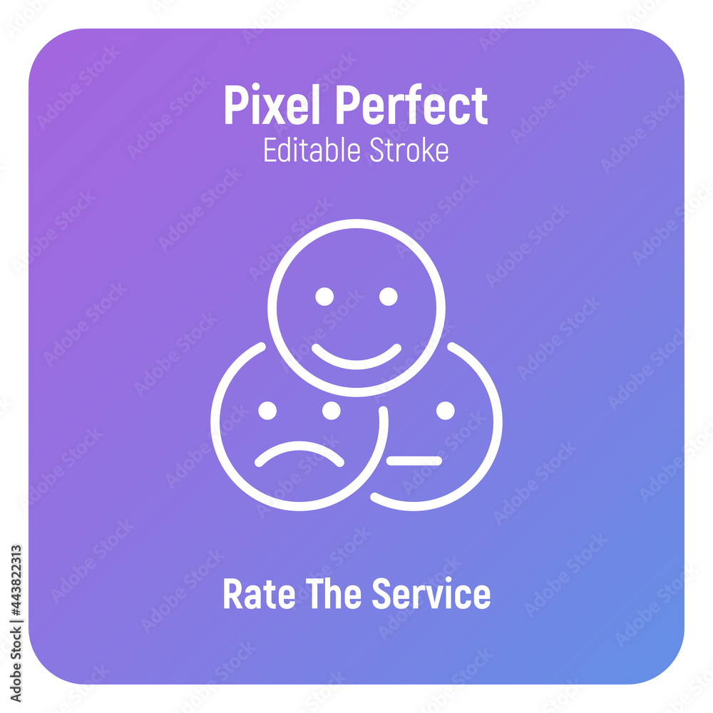 Rate the service, feedback, customer experience thin line icon. Positive, negative, neutral face. Pixel perfect, editable stroke. Vector illustration. Rate the service, feedback, customer experience thin line icon. Positive, negative, neutral face. Pixel perfect, editable stroke. Vector illustration.