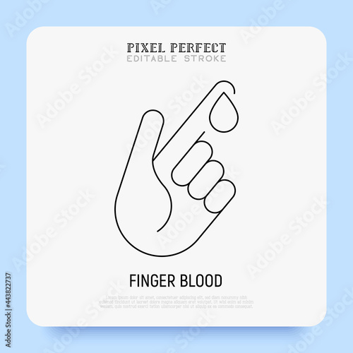 Blood test thin line icon. Diabetes. Blood droplet from finger. Diagnostics of sugar level. Pixel perfect, editable stroke. Vector illustration.