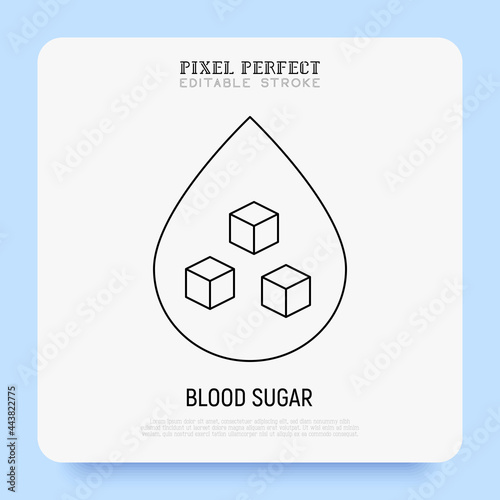 Blood sugar thin line icon. Droplet of blood with pieces of sugar inside. Diabetes diagnostics. Pixel perfect, editable stroke. Vector illustration.