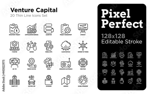 Venture capital thin line icons set. Investment project, capitalization increase, strategy, dividends, global expansion, high tech, it sector. Pixel perfect, editable stroke. Vector illustration.