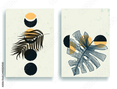 Poster with tropical leaves and geometric organic shapes in Boho style . Minimal design with grange elements . Mid century trendy brochure . Modern art .Vector illustration. 