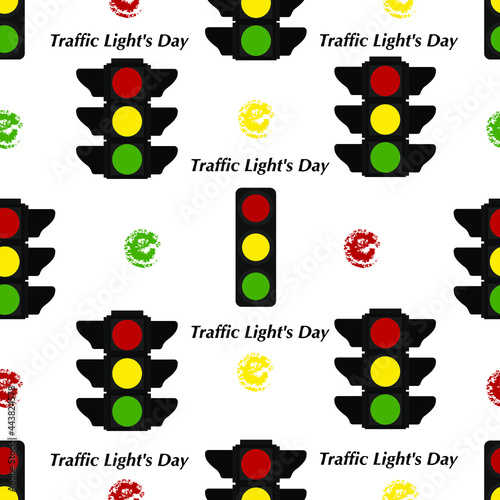 Seamless pattern with traffic light and the inscription Traffic light day. Red, yellow, green lights. International Traffic Light Day. Vector illustration. Traffic light day. 