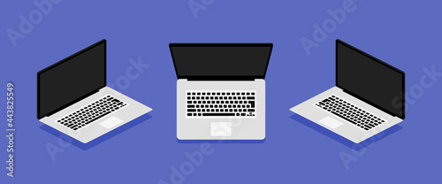Isometric laptop set. Vector illustration. Opened laptops from different sides metallic colored.