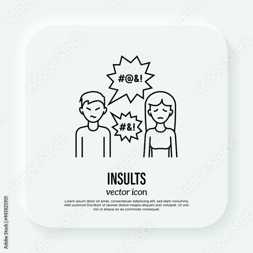 Insults, hate, bullying. Thin line icon. Aggressive behaviour to women from man. Abuse in family. Social problem. Vector illustration.