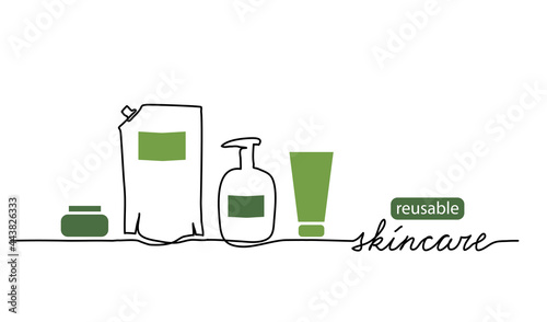 Reusable skincare, eco-friendly skin care cosmetics vector illustration. One line drawing art with bottles, doypack and lettering reusable skincare