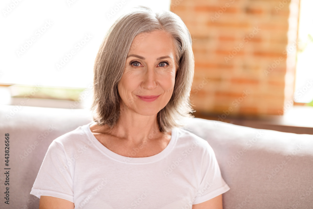 Portrait of attractive cheery healthy grey-haired woman sitting on sofa calm life day daydream at home house indoors modern loft brick interior Portrait of attractive cheery healthy grey-haired woman sitting on sofa calm life day daydream at home house indoors modern loft brick interior