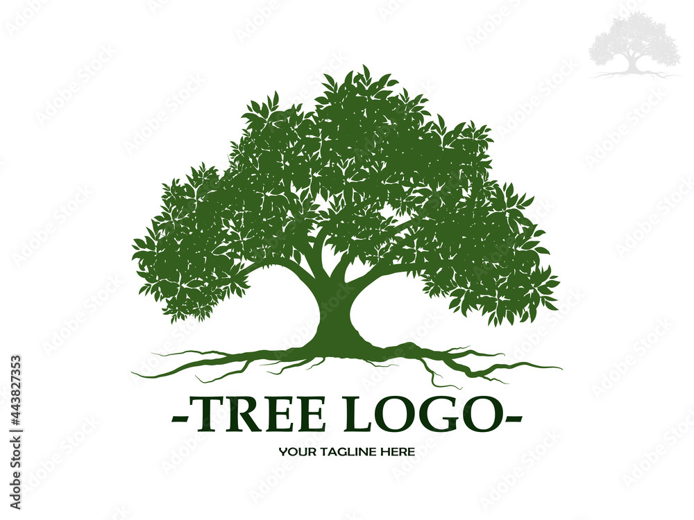 Obraz premium Tree and root silhouette isolated on white background. Tree and roots LOGO style. 