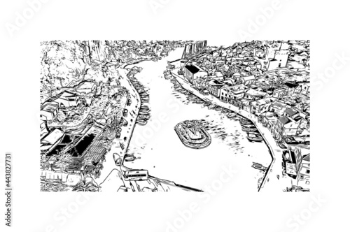 Building view with landmark of Hvar is the 
island in Croatia. Hand drawn sketch illustration in vector.