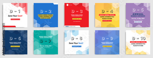 Social media template layout for counting down event post banner feed design in colorful geometric background.