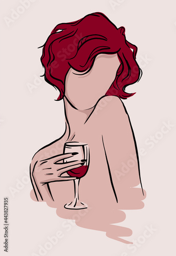 Freehand drawing. Girl with a glass of red wine in her hand.