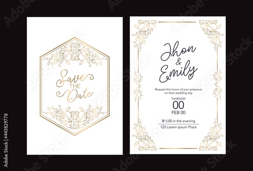 Wedding invitation cards baroque style gold. Vintage Pattern. Retro Victorian ornament. Frame with flowers elements. Vector illustration. - Vector	
