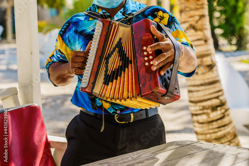 Dominican Republic. The beach musician plays the accordion. Hand plays accordions close-up. Accordionist. Dominican people. photo