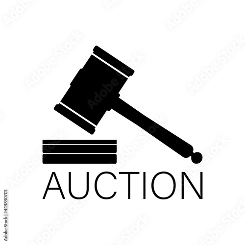 Creative auction logo. Banner template for your business. Auction hammer and text. Design isolated on white background.
