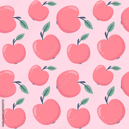 Continuous pattern with apples, vector. Seamless background with fruits. Delicate pattern with apples on a pink background. Wallpaper or packaging, hand drawing.
