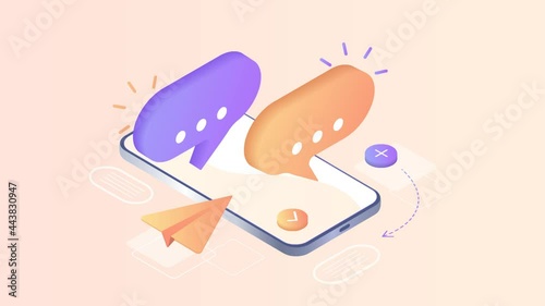 Digital communication. Instant messenger concept, mobile smartphone for chatting in social media. Landing page, template, web,  banner, homepage. ​Isometric