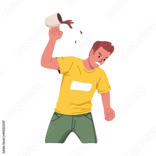 Angry furious man throwing mug in anger, expressing his fury. Mad annoyed person at fit of rage. Human with aggressive negative emotion on face. Flat vector illustration isolated on white background.