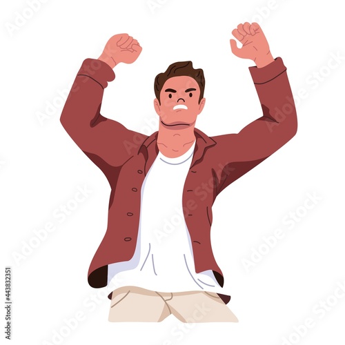 Furious man clenching fists and showing teeth at fit of anger and rage. Annoyed irritated person getting angry. Adult expressing evil emotion. Flat vector illustration isolated on white background.