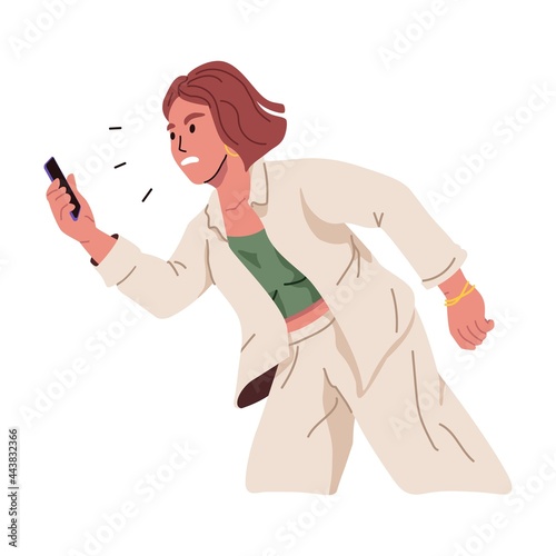 Woman getting angry and furious with mobile phone in hand. Irritated evil person looking at smartphone. Female expressing anger, rage and annoyance. Flat vector illustration isolated on white.