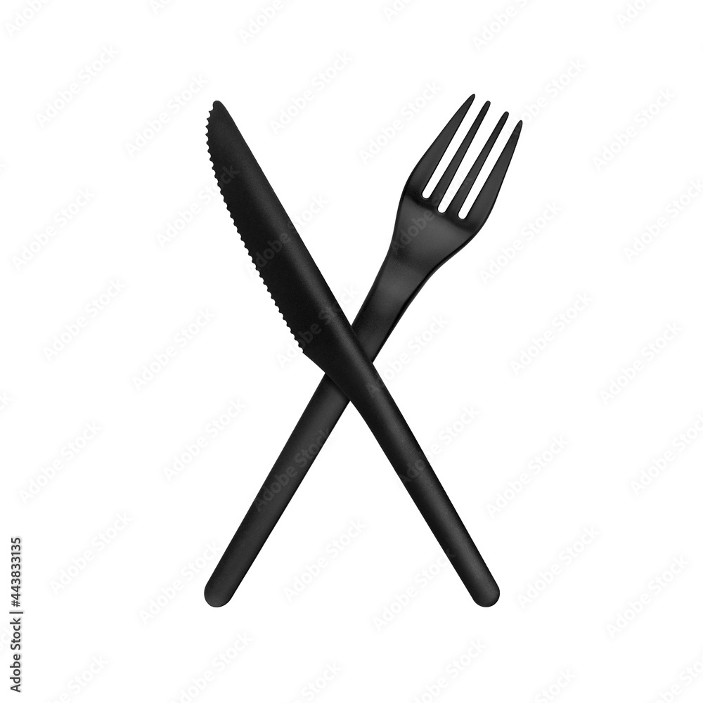 Plastic knife and fork set white background isolated closeup, disposable plastic tableware, one-off black plastic fork and knife, kitchen utensil, cutlery, breakfast, lunch, dinner, supper, fast food Plastic knife and fork set white background isolated closeup, disposable plastic tableware, one-off black plastic fork and knife, kitchen utensil, cutlery, breakfast, lunch, dinner, supper, fast food