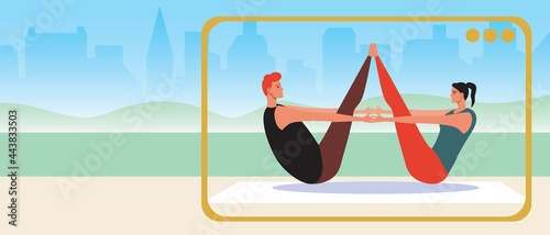 Online yoga couple, copy space template, flat vector stock illustration with video blog about yoga about yoga asanas