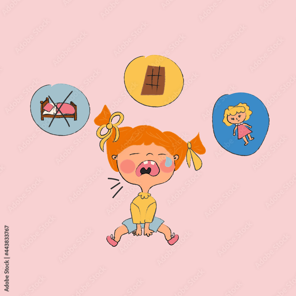 crying girl illustrations, spoiled girl wont go to bed, crying over