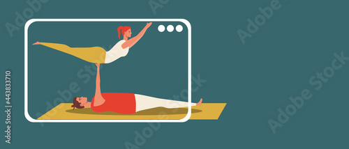 Couple doing yoga asanas, copy space template, flat vector stock illustration with paired yoga and online exercises for couple