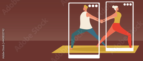 Couple in yoga class, copy space template, flat vector stock illustration with couple with yoga asana online and technology for activity
